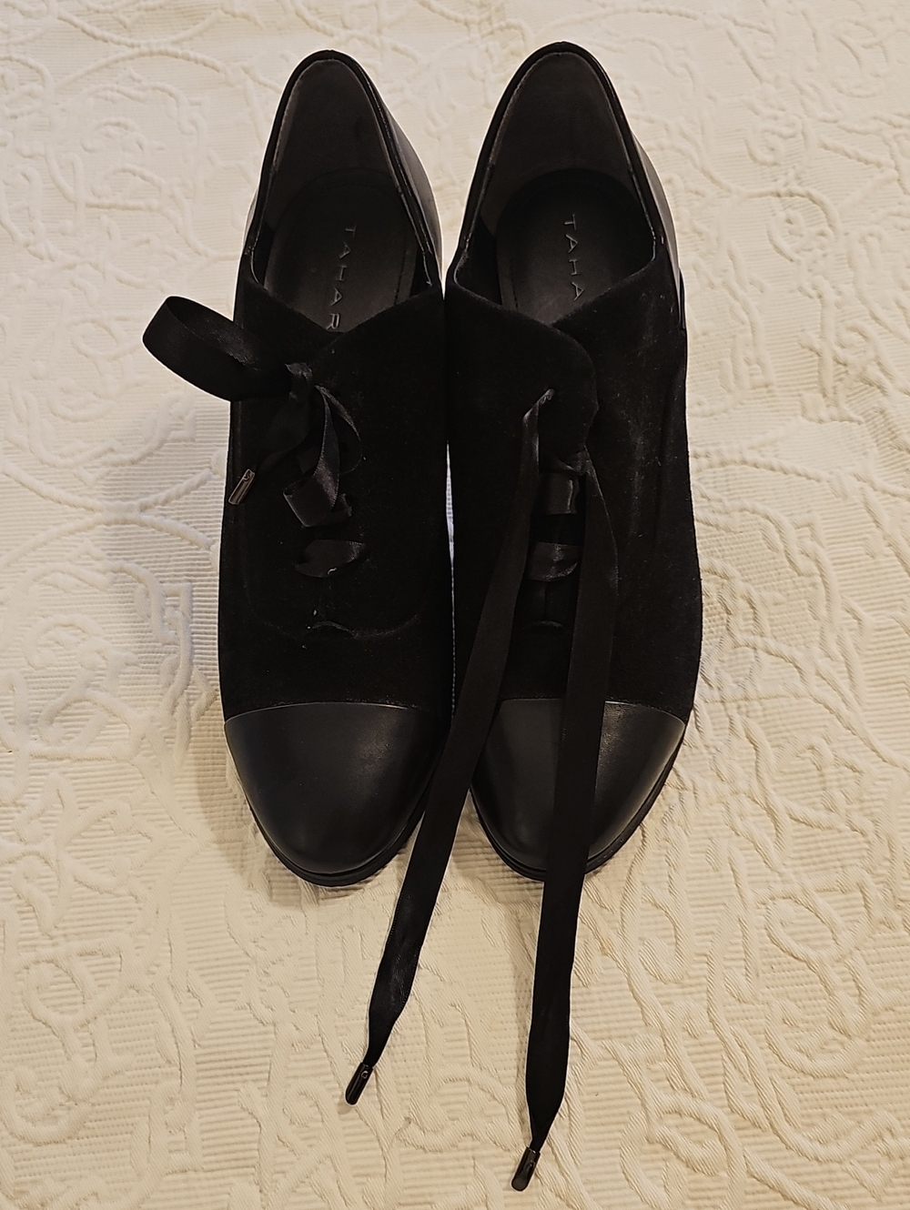 Tahari Black Velvet Cap-Toe Ribbon Lace Heels